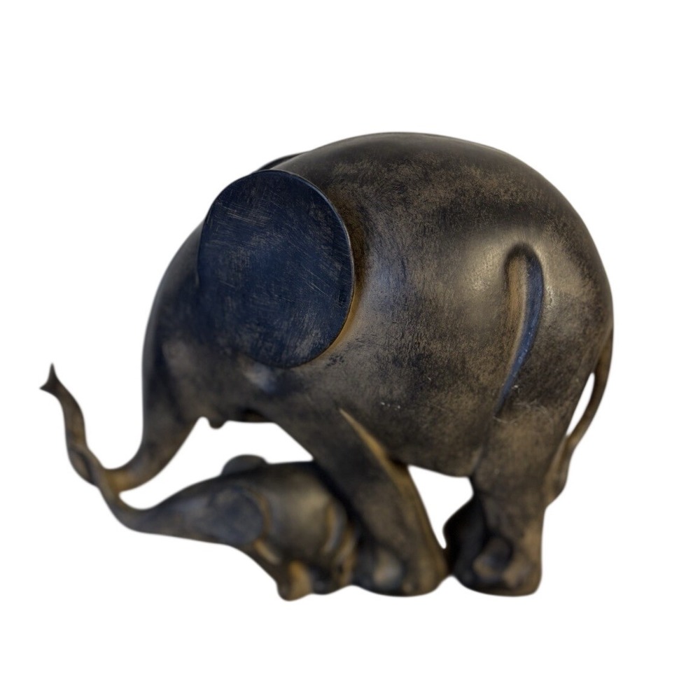 Modern Elephant and Calf Figurine Mother Baby Statue Dark Bronze Gold Finish